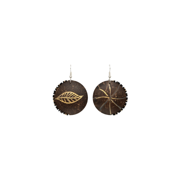 African Coconut Shell Disc Drop Earrings with Inlay Detail